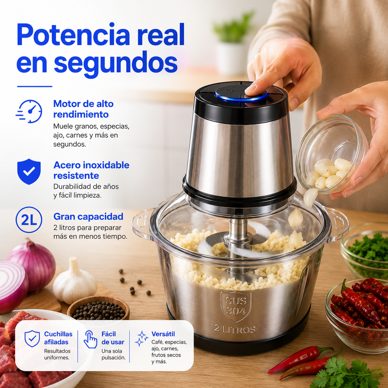 Picadora Eléctrica 2L de Acero Inoxidable