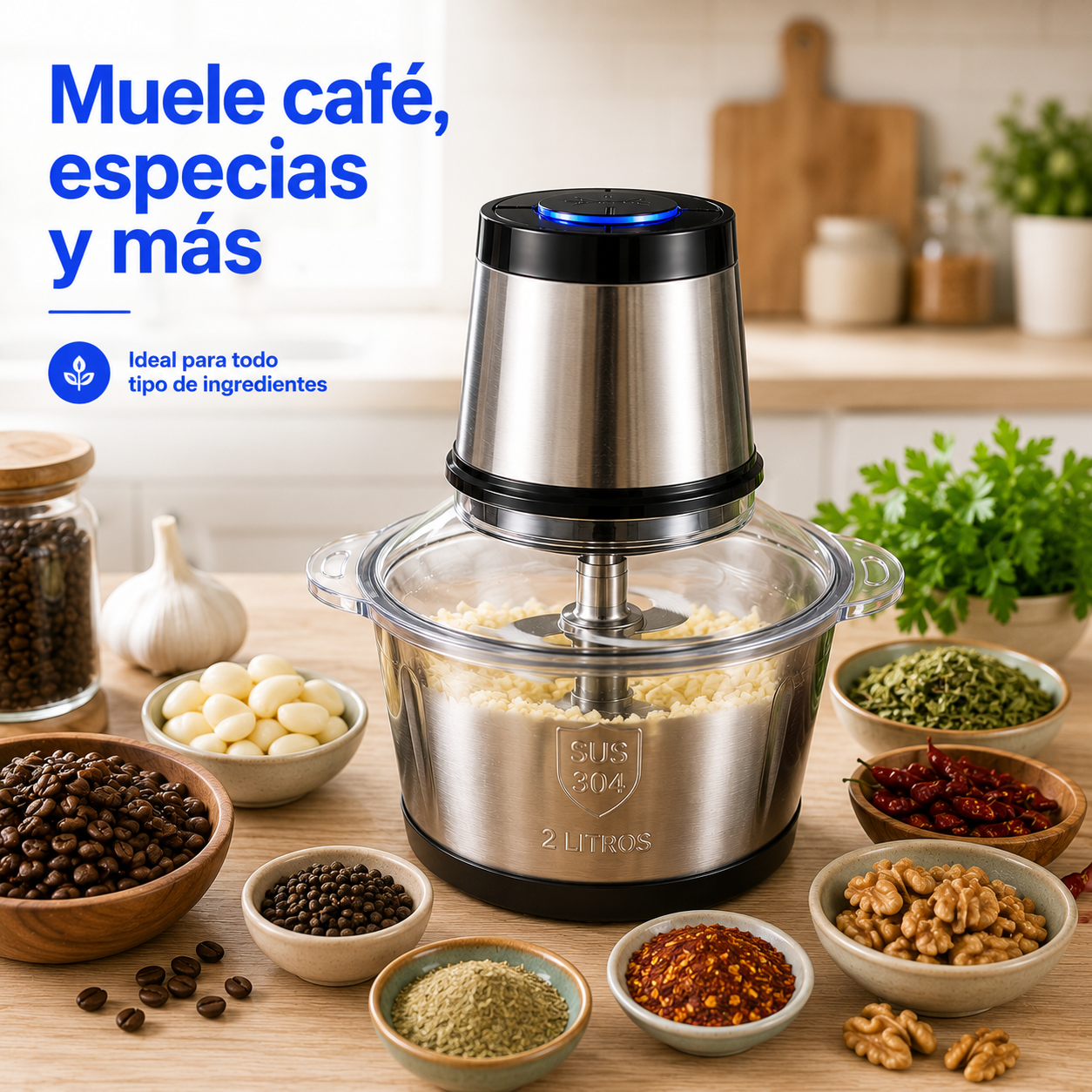 Picadora Eléctrica 2L de Acero Inoxidable